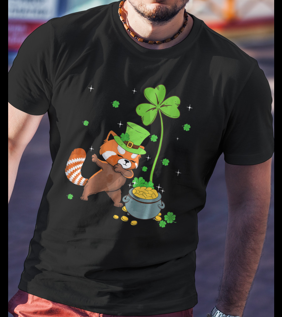 Shamrock Leprechaun Red Panda Pot Of Gold St Patrick's Day T-Shirt