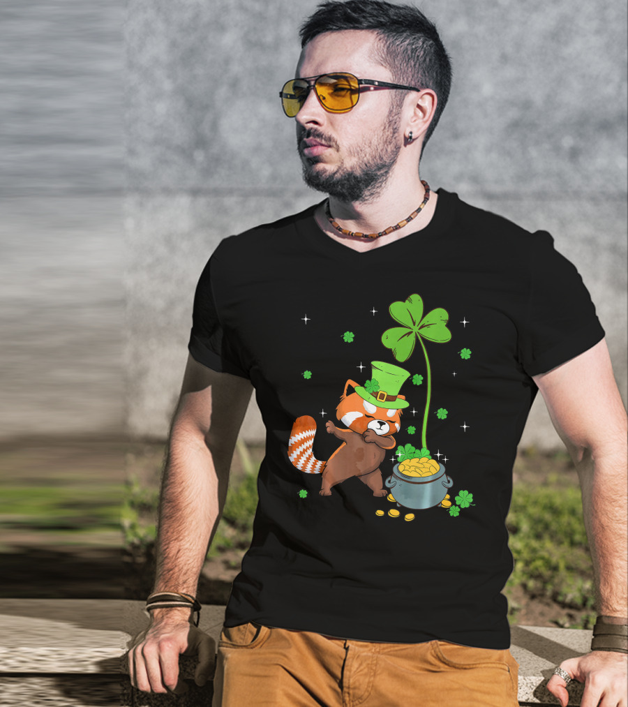 Shamrock Leprechaun Red Panda Pot Of Gold St Patrick's Day T-Shirt