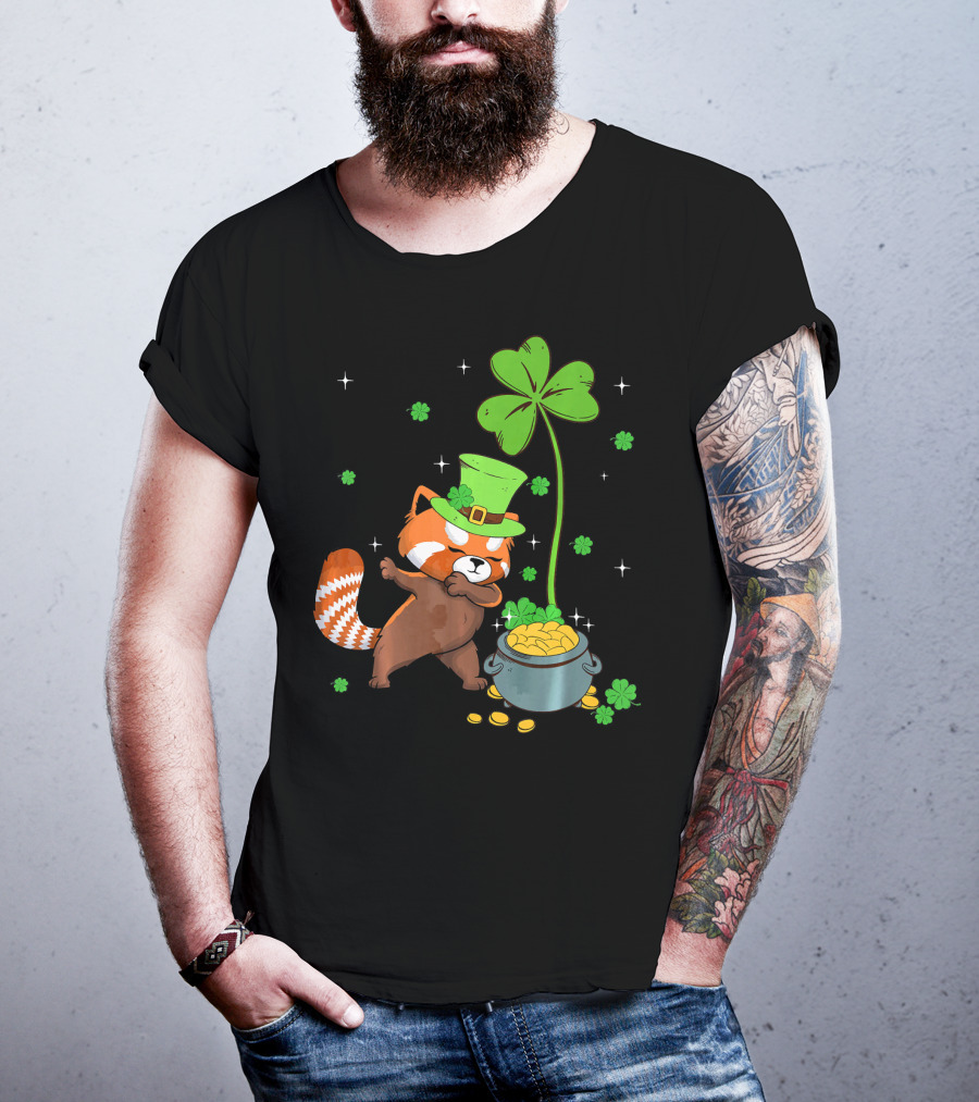 Shamrock Leprechaun Red Panda Pot Of Gold St Patrick's Day T-Shirt