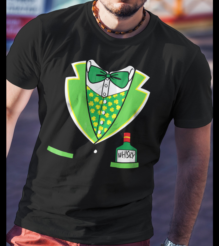 St Patricks Day Tuxedo Costume With Shamrock Vest And Whisky Flask T-Shirt