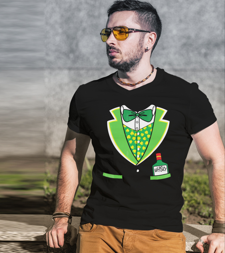 St Patricks Day Tuxedo Costume With Shamrock Vest And Whisky Flask T-Shirt