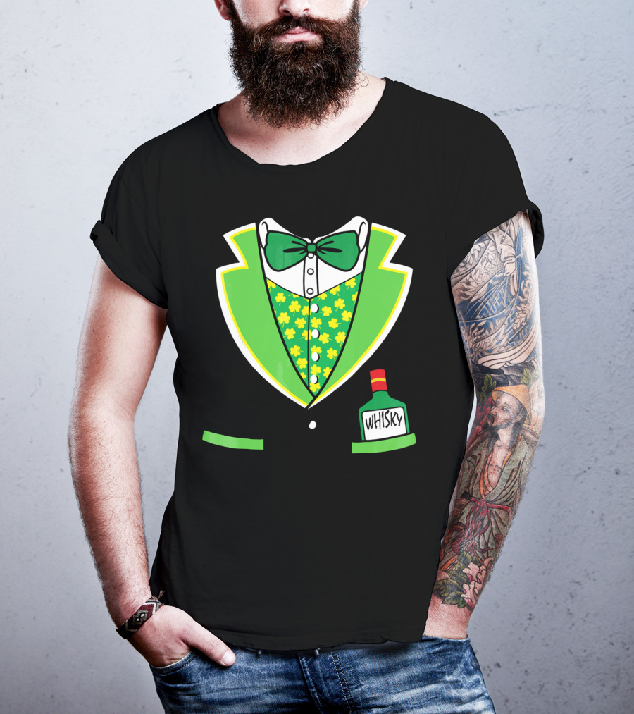 St Patricks Day Tuxedo Costume With Shamrock Vest And Whisky Flask T-Shirt