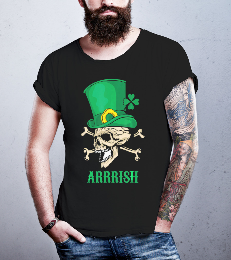 Arrrish Pirate Skull With Leprechaun Hat And Shamrock T-Shirt