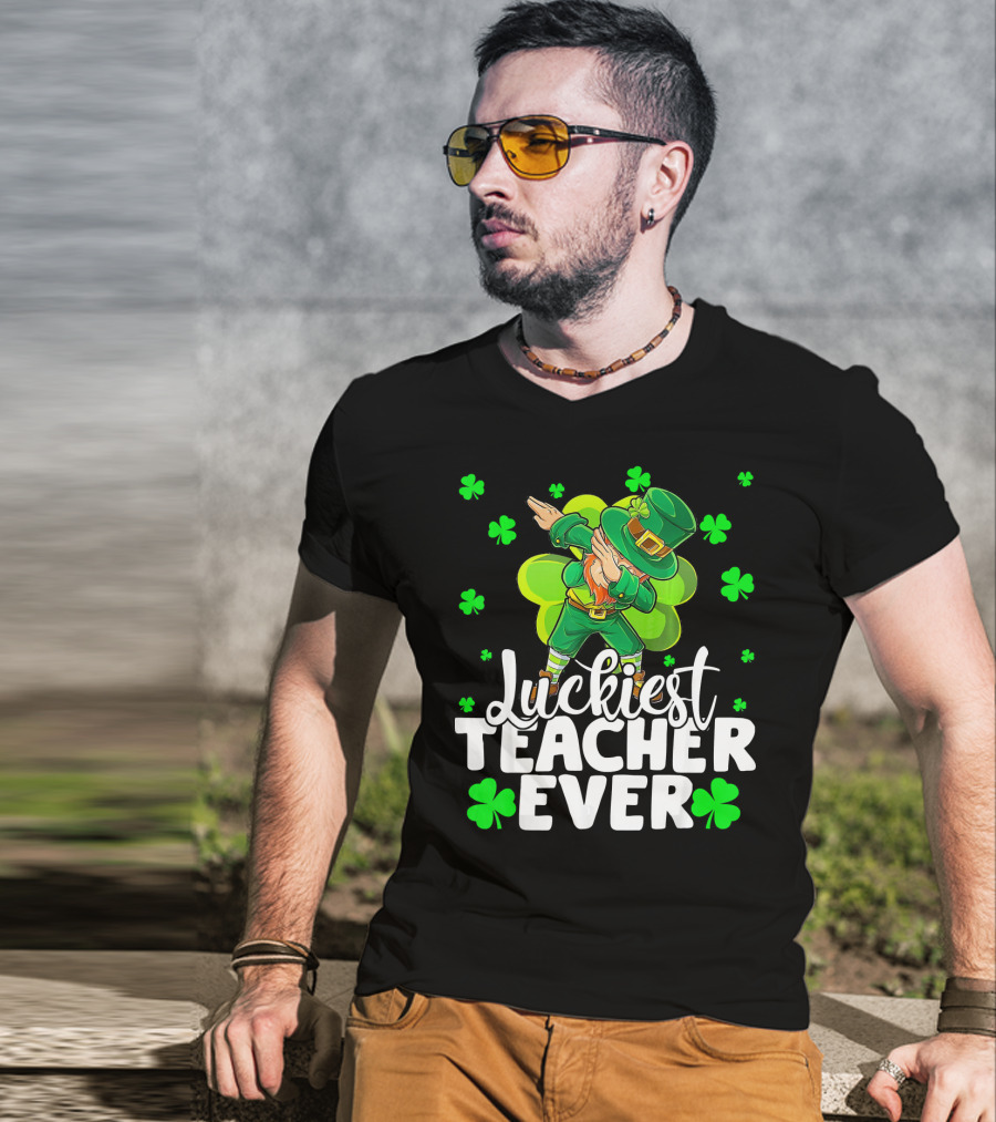 Luckiest Teacher Ever Leprechaun Dabbing With Shamrocks T-Shirt