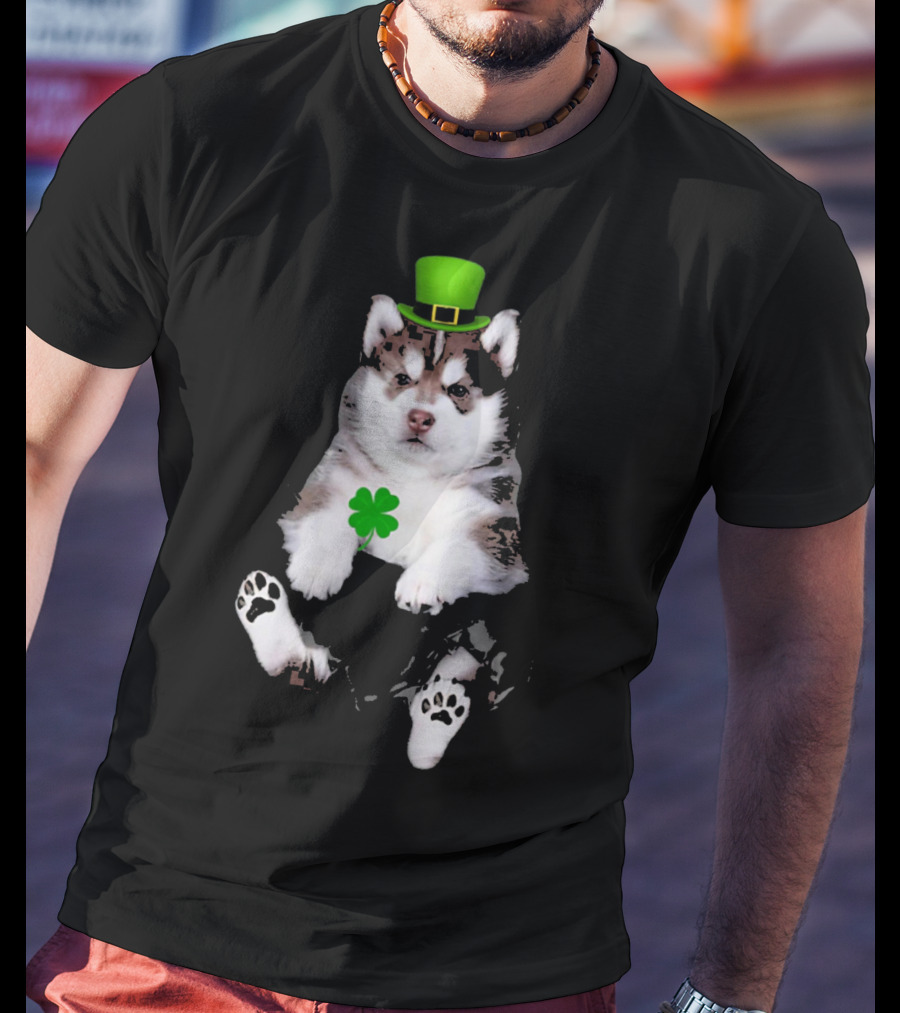 St Patricks Day Husky Puppy Shamrock Hat Paw Prints T-Shirt