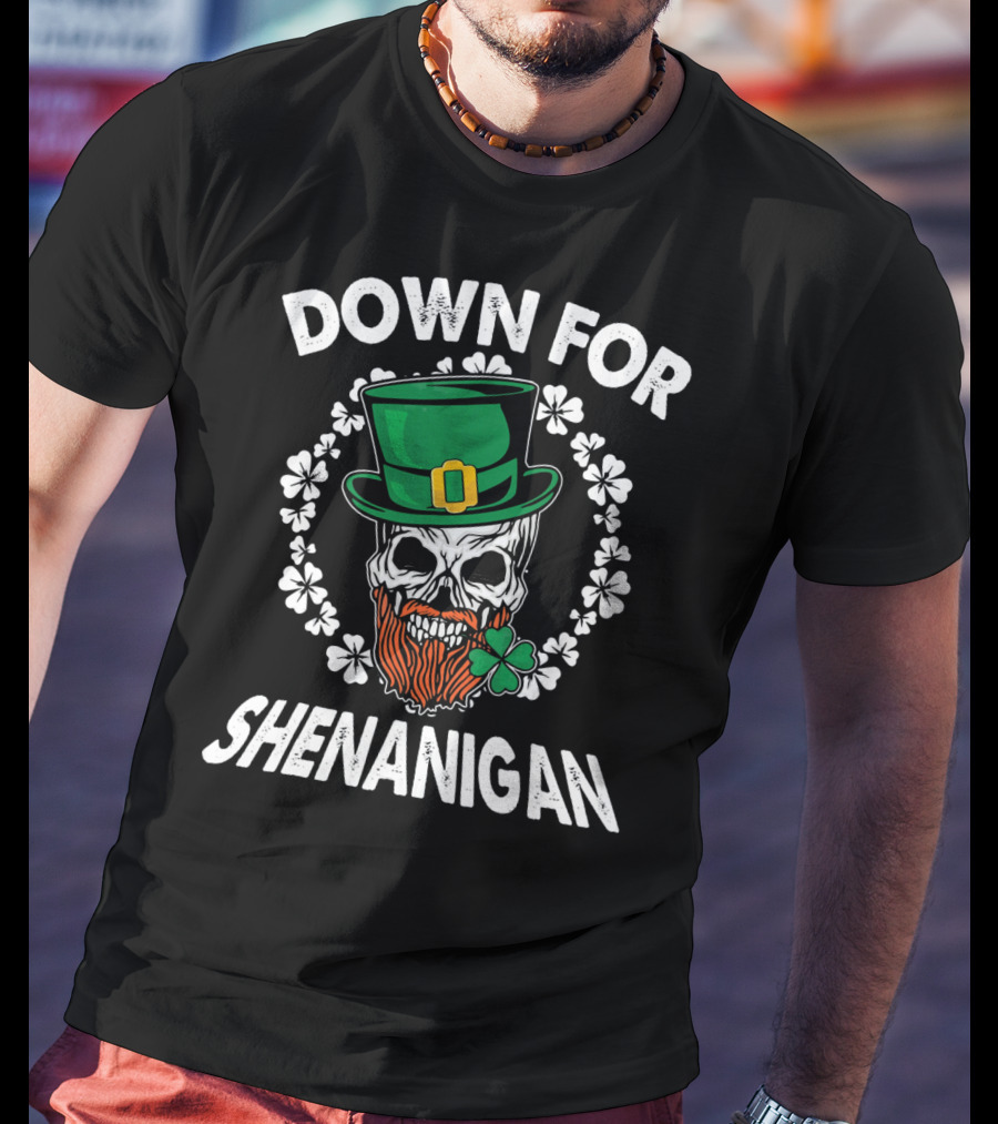 Down For Shenanigan Pirate Leprechaun Skull Shamrocks T-Shirt