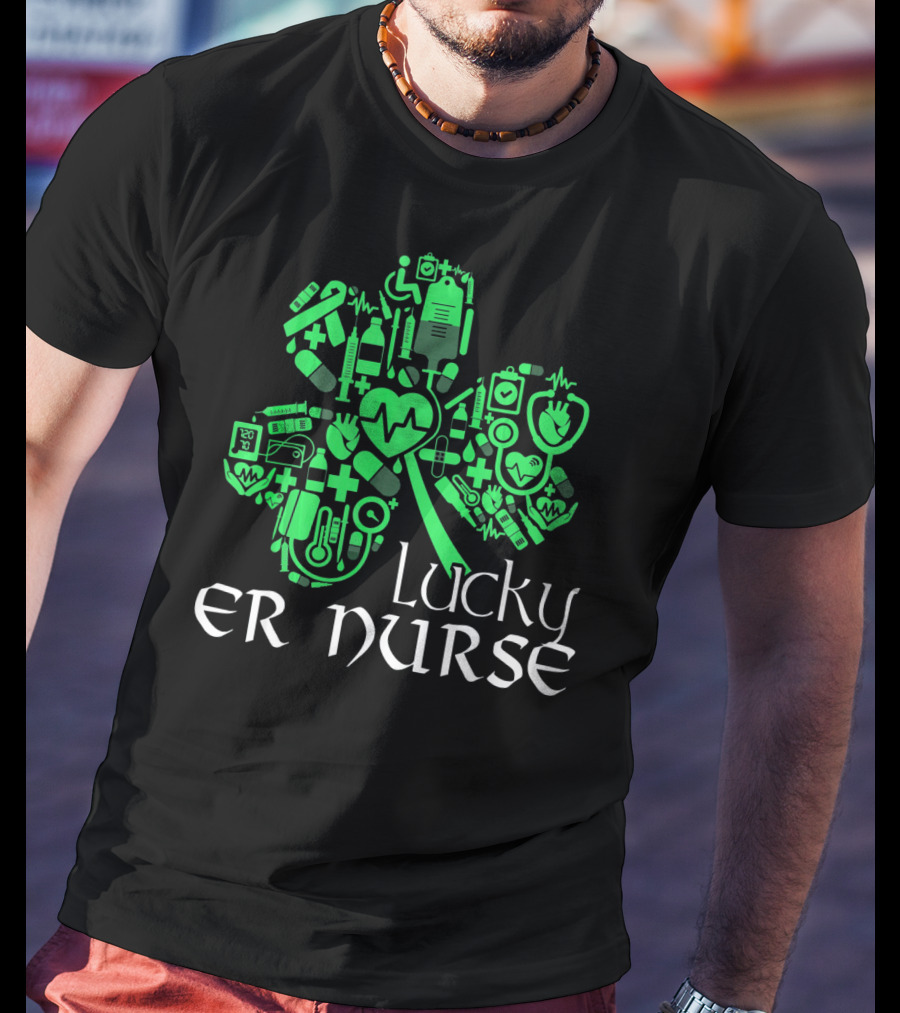 St Patricks Day Shamrock Lucky ER Nurse Medical Icons T-Shirt