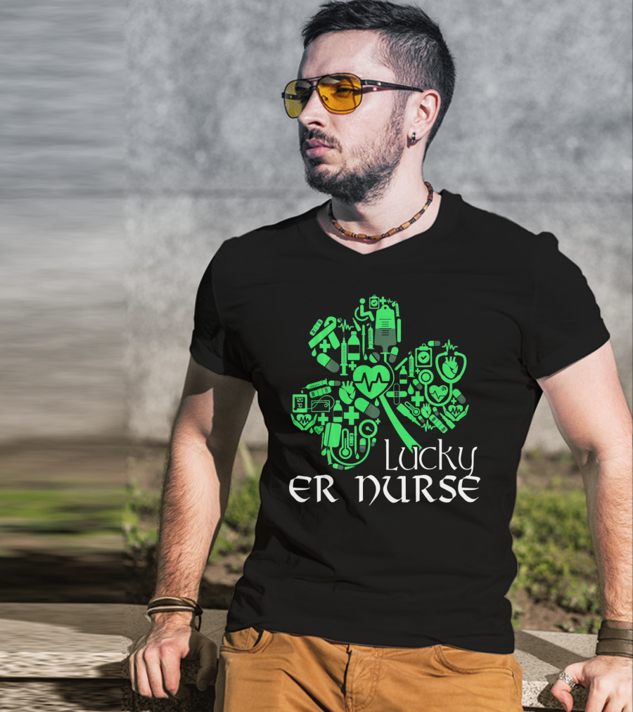 St Patricks Day Shamrock Lucky ER Nurse Medical Icons T-Shirt