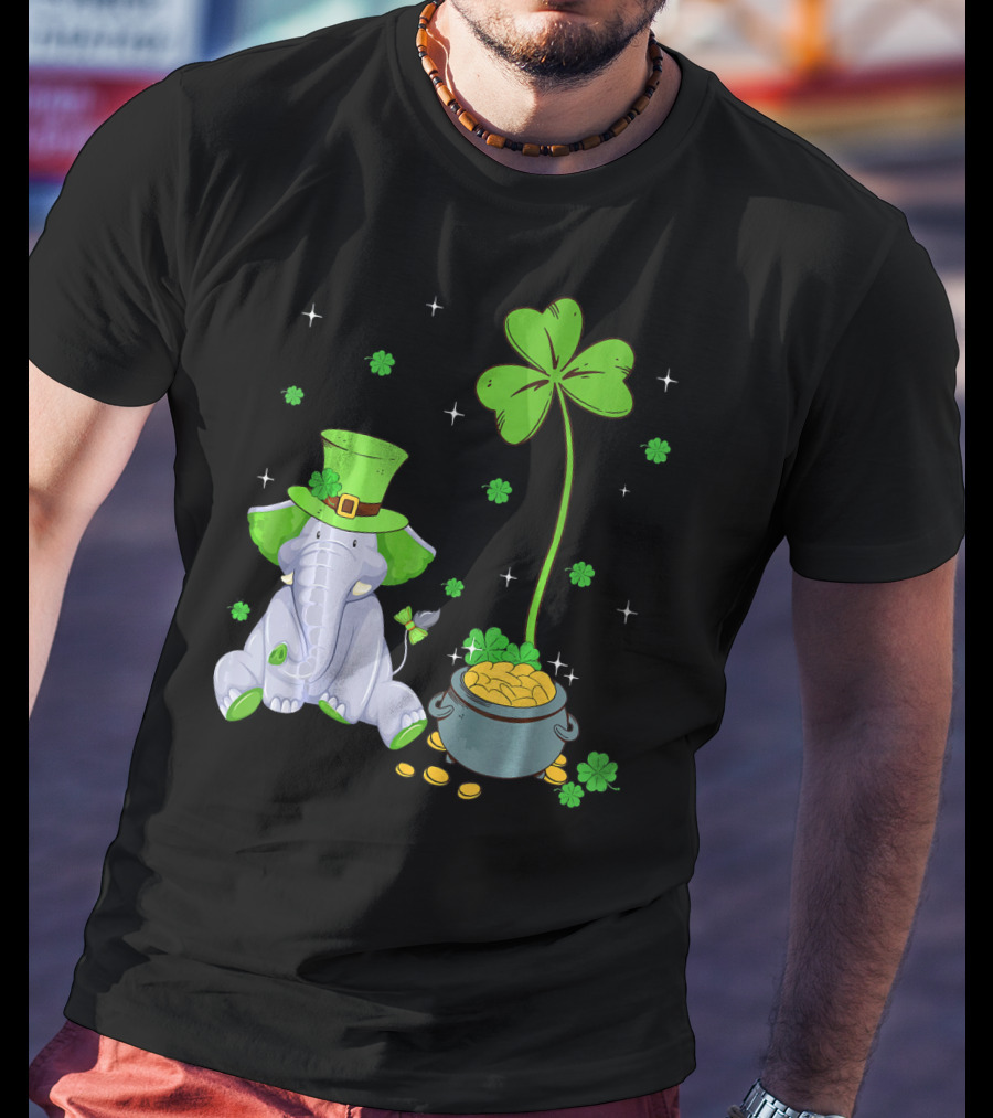 Shamrock Leprechaun Elephant St Patricks Pot Of Gold T-Shirt