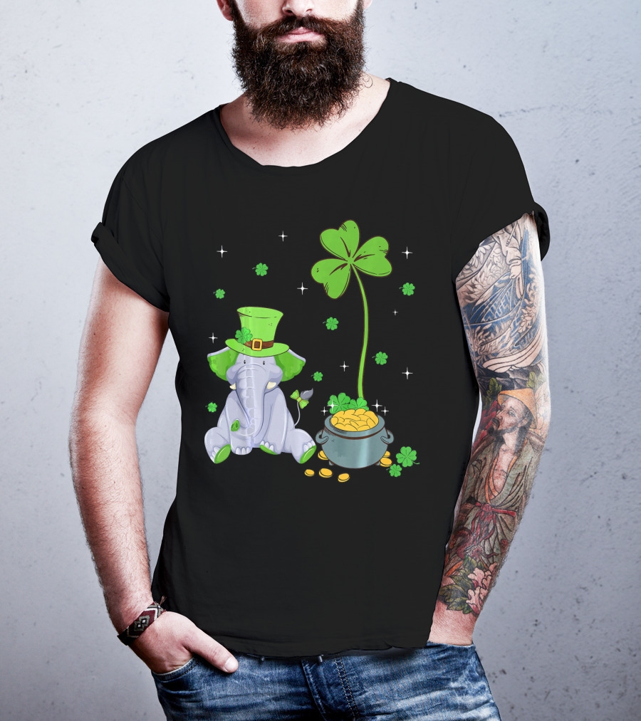 Shamrock Leprechaun Elephant St Patricks Pot Of Gold T-Shirt