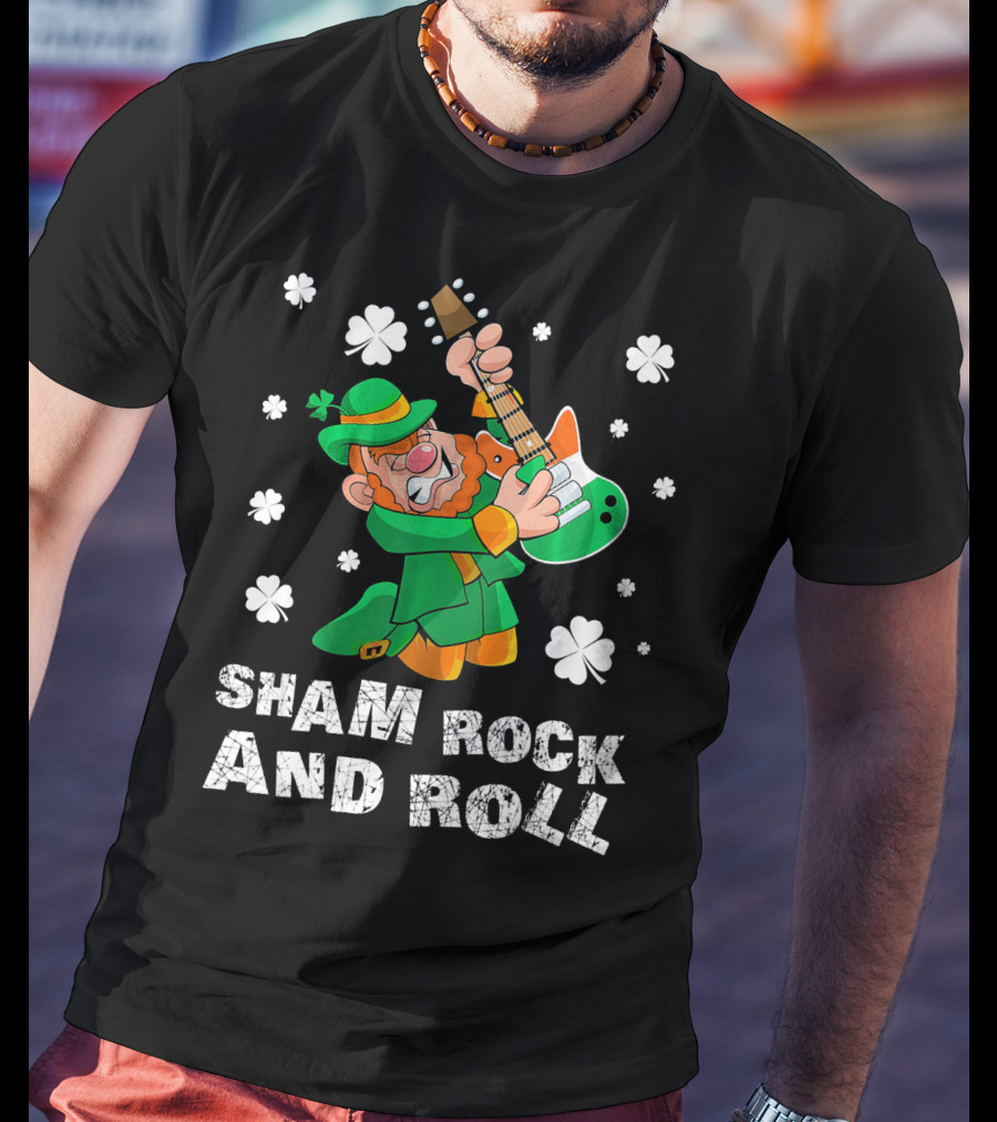 Sham Rock And Roll Leprechaun Playing Guitarist St Patricks Clover T-Shirt