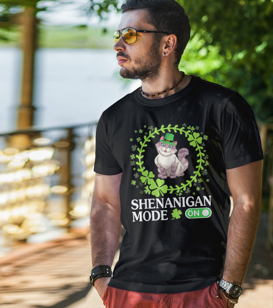 Shenanigan Mode On With Leprechaun Cat In Shamrocks Circle T-Shirt