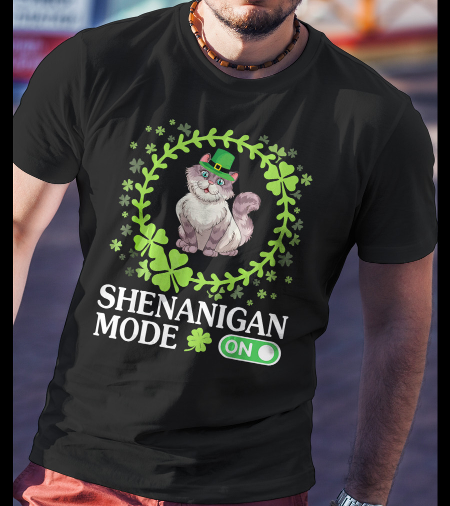 Shenanigan Mode On With Leprechaun Cat In Shamrocks Circle T-Shirt