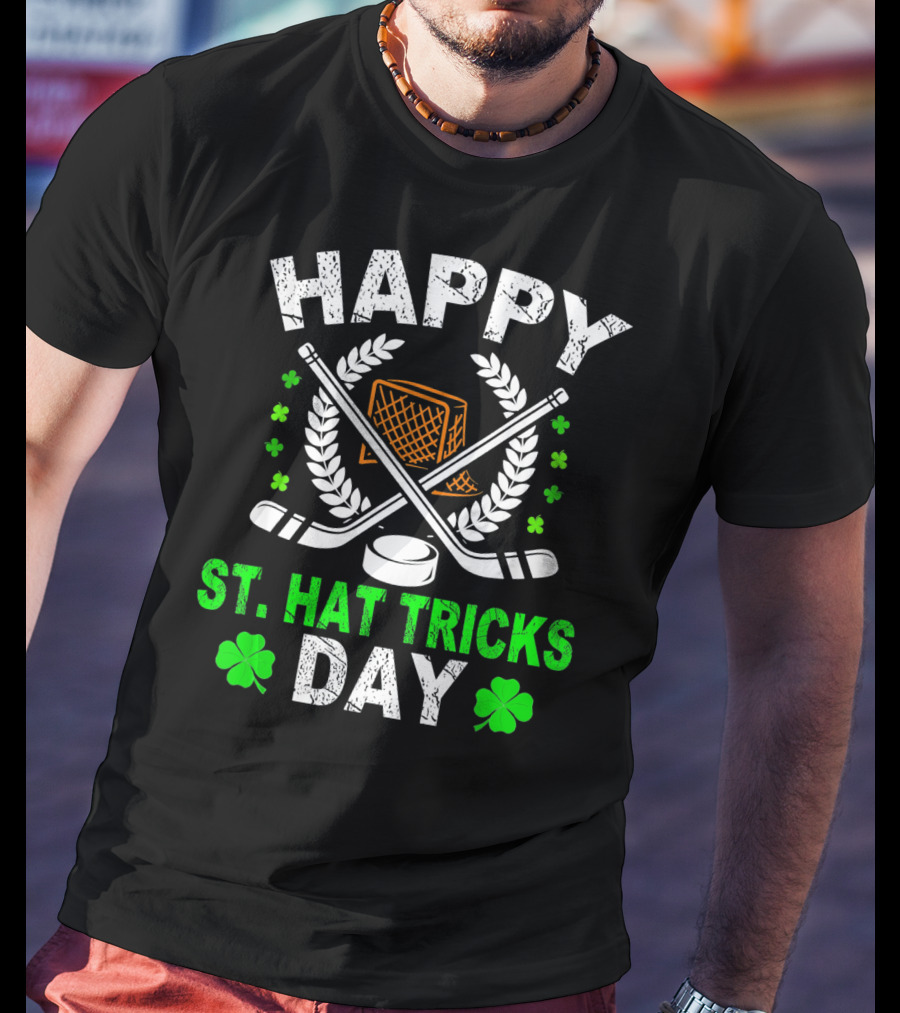 Happy St. Hat Tricks Day Hockey St. Patrick's Day Shamrocks And Sticks T-Shirt