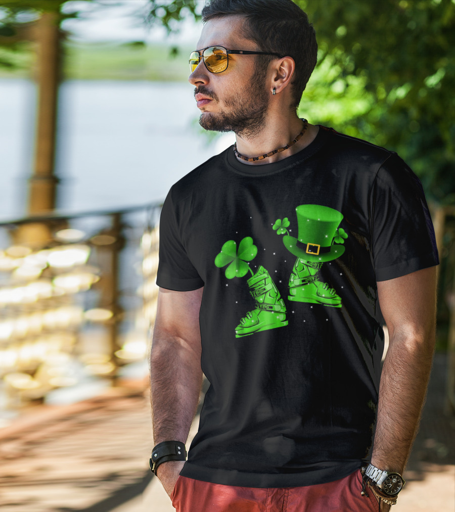Shamrock Leprechaun Hat With Green Ski Boots T-Shirt