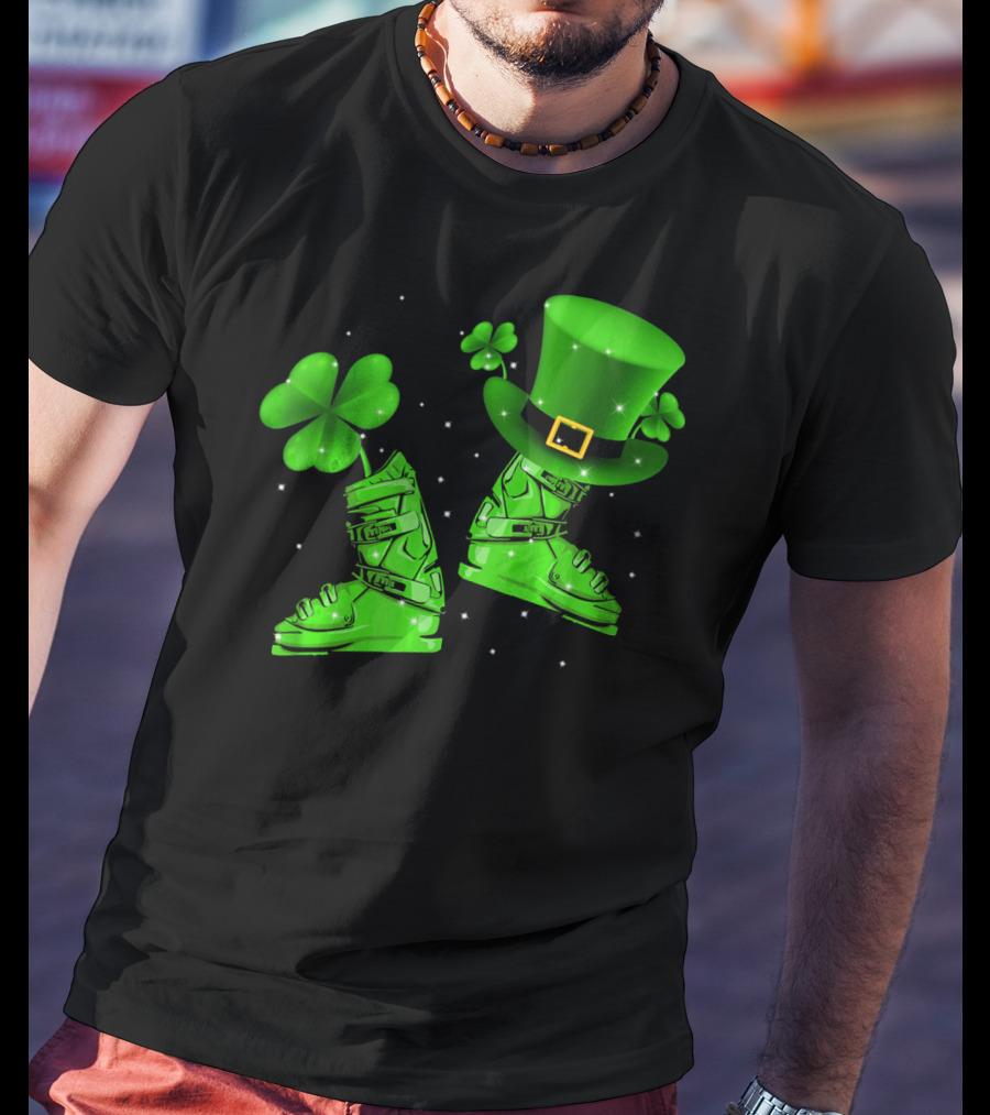 Shamrock Leprechaun Hat With Green Ski Boots T-Shirt