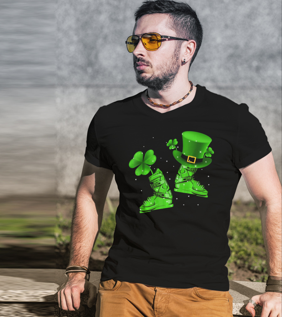 Shamrock Leprechaun Hat With Green Ski Boots T-Shirt