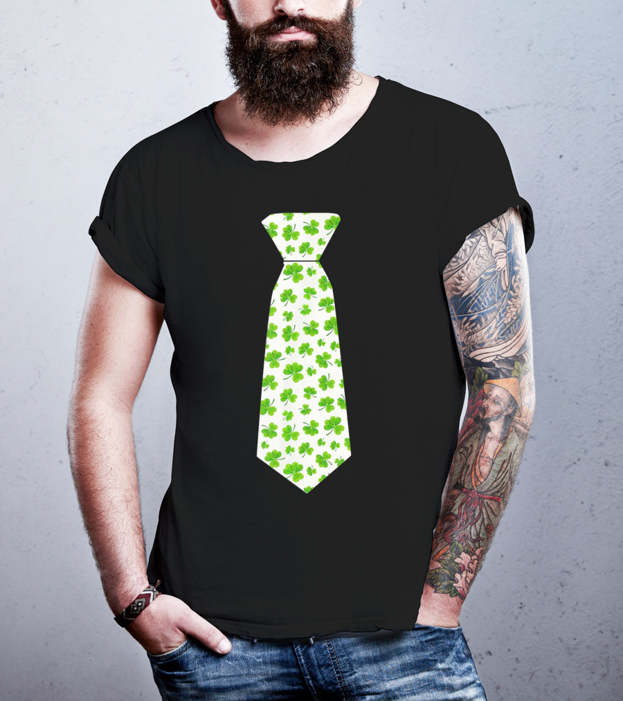St Patricks Day Irish Shamrock Tie Pattern White Background T-Shirt