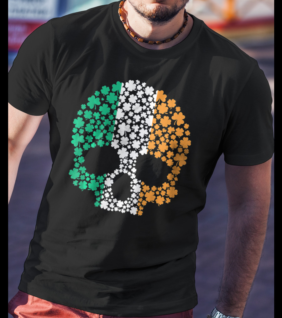 Irish Shamrock Skull With Tricolor Pattern For St. Patrick's Day T-Shirt