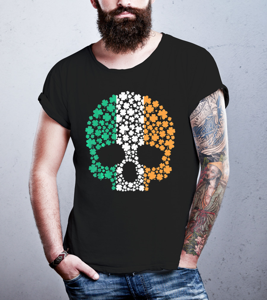 Irish Shamrock Skull With Tricolor Pattern For St. Patrick's Day T-Shirt