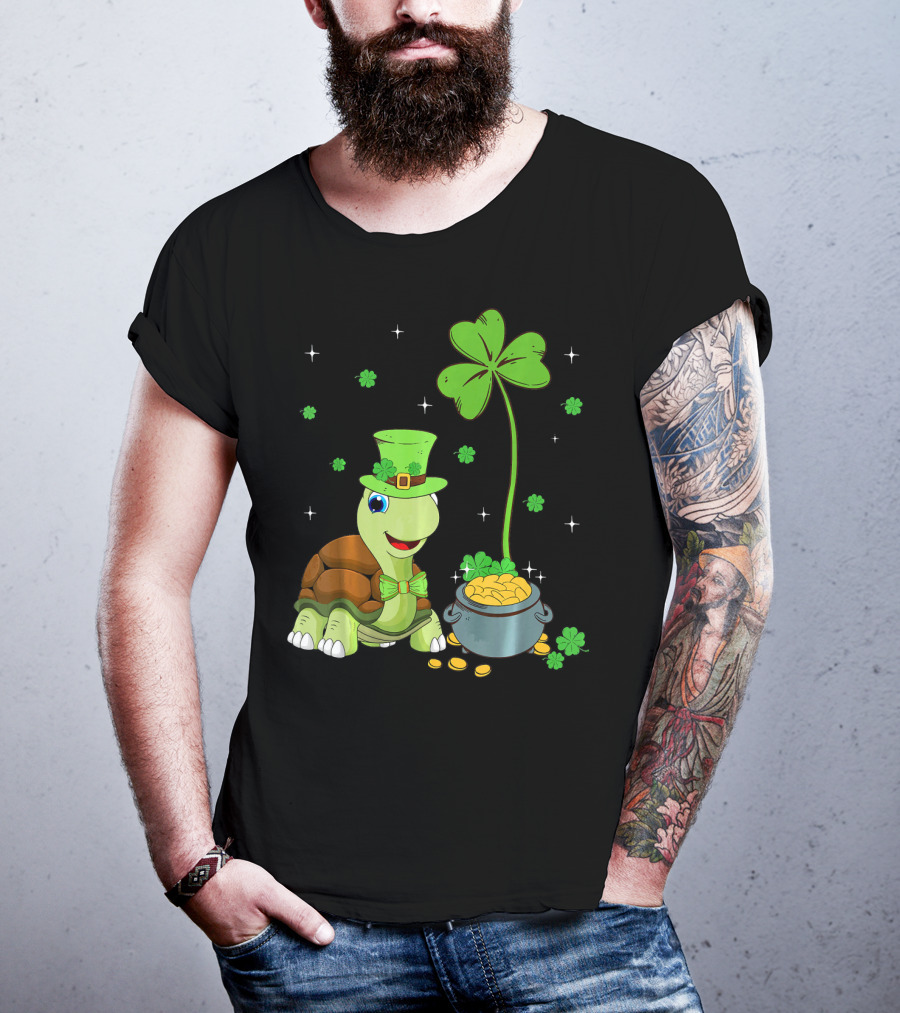 Shamrock Turtle With Leprechaun Hat And Pot Of Gold St Patricks T-Shirt