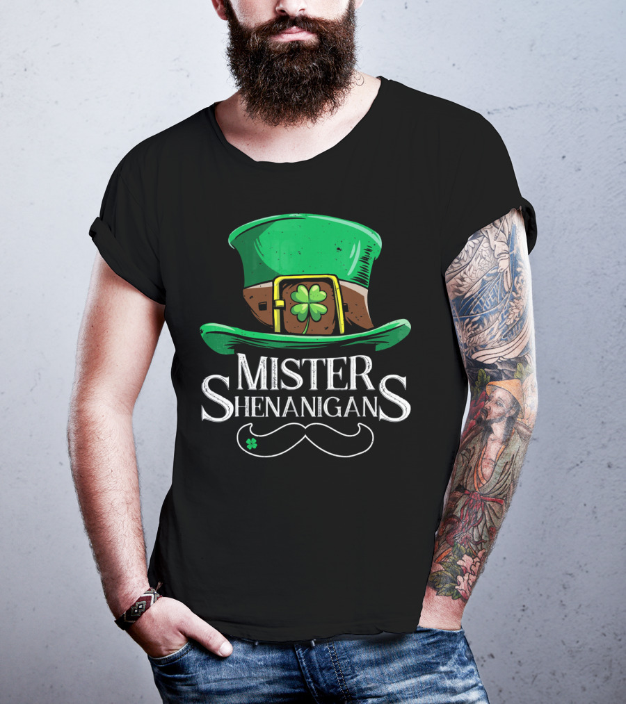 Mister Shenanigans St Patricks Hat With Clover And Mustache T-Shirt