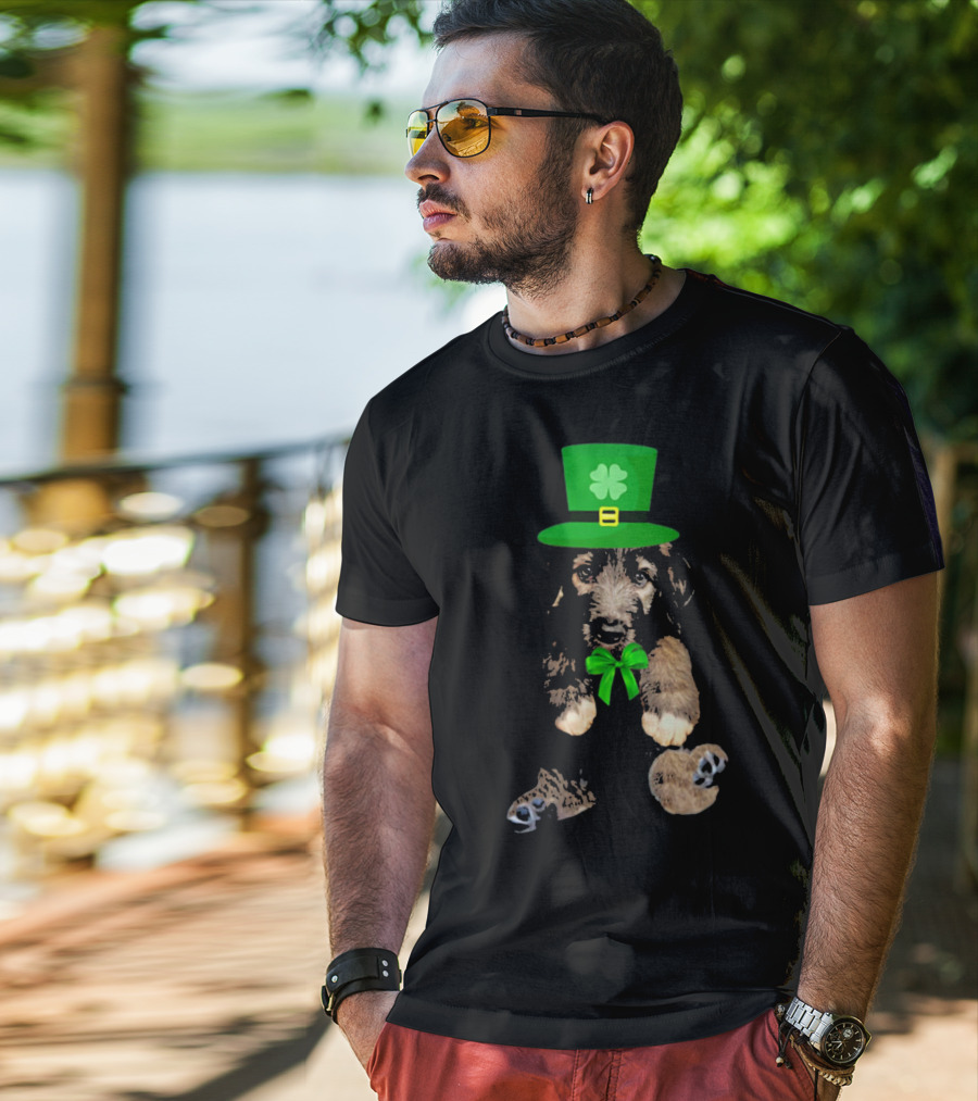 Irish Wolfhound Puppy With Leprechaun Hat And Shamrock Bow For St. Patrick's Day T-Shirt