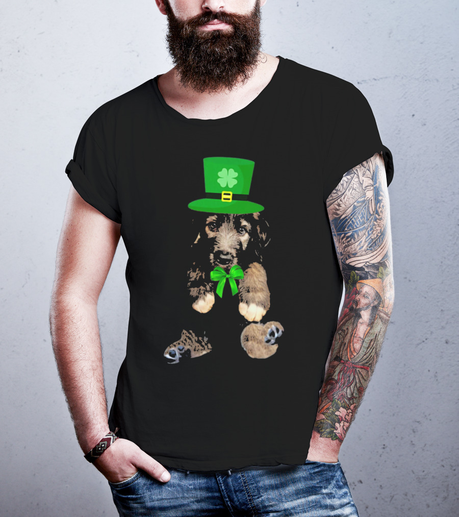 Irish Wolfhound Puppy With Leprechaun Hat And Shamrock Bow For St. Patrick's Day T-Shirt