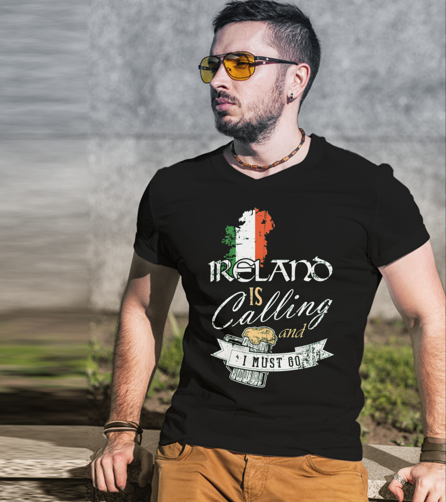 Ireland Is Calling And I Must Go Emerald Isle Adventure With Irish Flag And Beer Elements T-Shirt