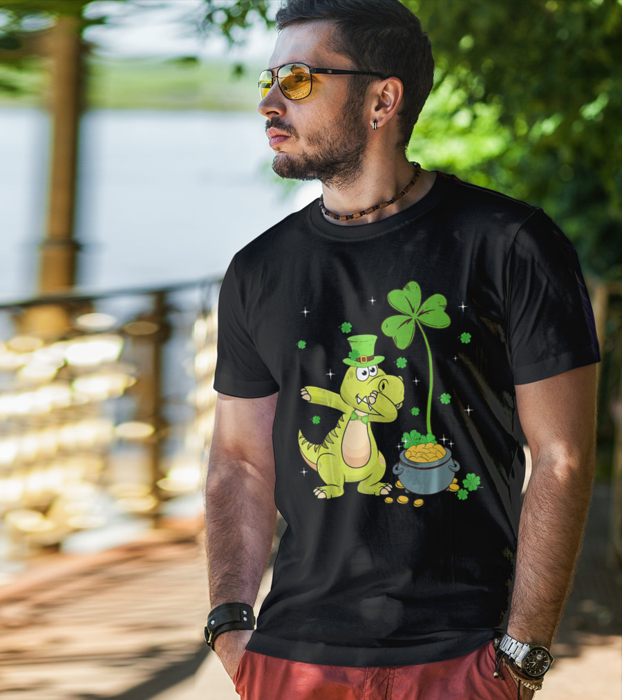 Shamrock Dabbing Dinosaur Leprechaun Gold Pot St Patricks T-Shirt