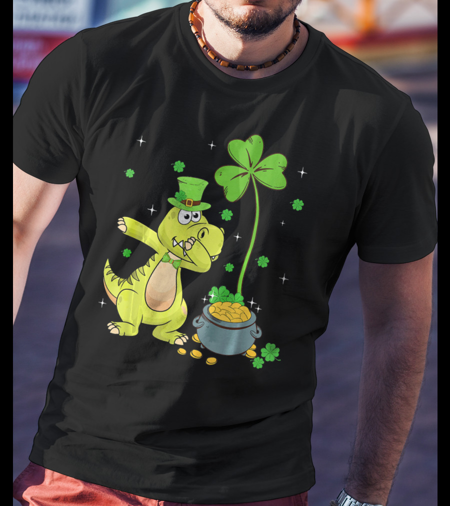 Shamrock Dabbing Dinosaur Leprechaun Gold Pot St Patricks T-Shirt