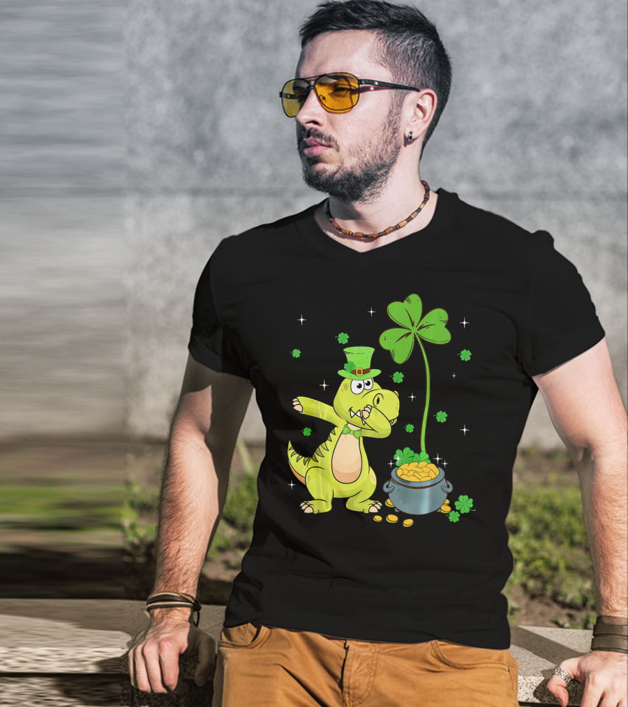 Shamrock Dabbing Dinosaur Leprechaun Gold Pot St Patricks T-Shirt