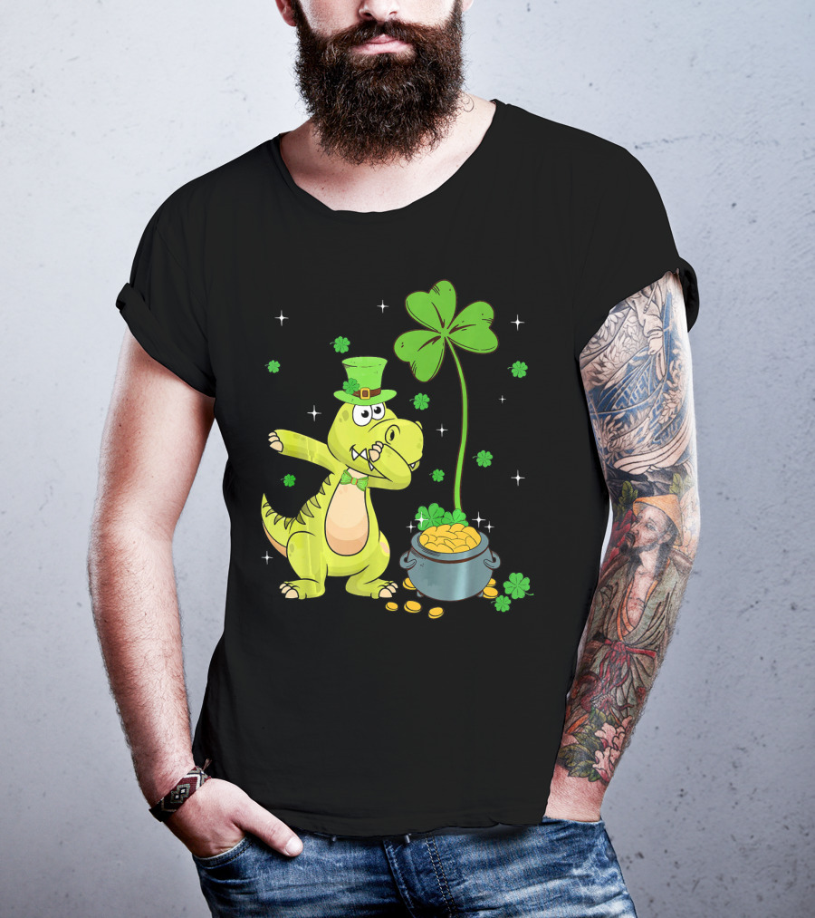 Shamrock Dabbing Dinosaur Leprechaun Gold Pot St Patricks T-Shirt