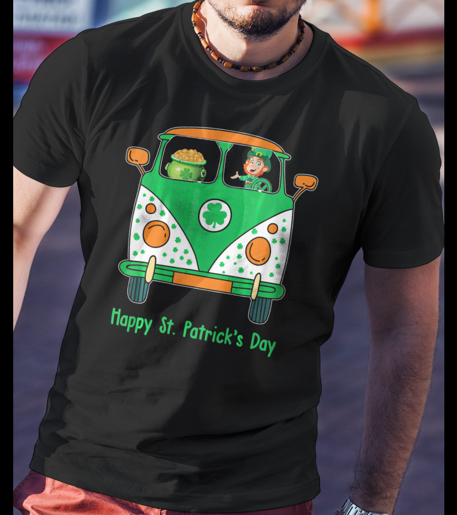 Happy St. Patrick's Day Leprechaun Gold Pot Hippie Car T-Shirt