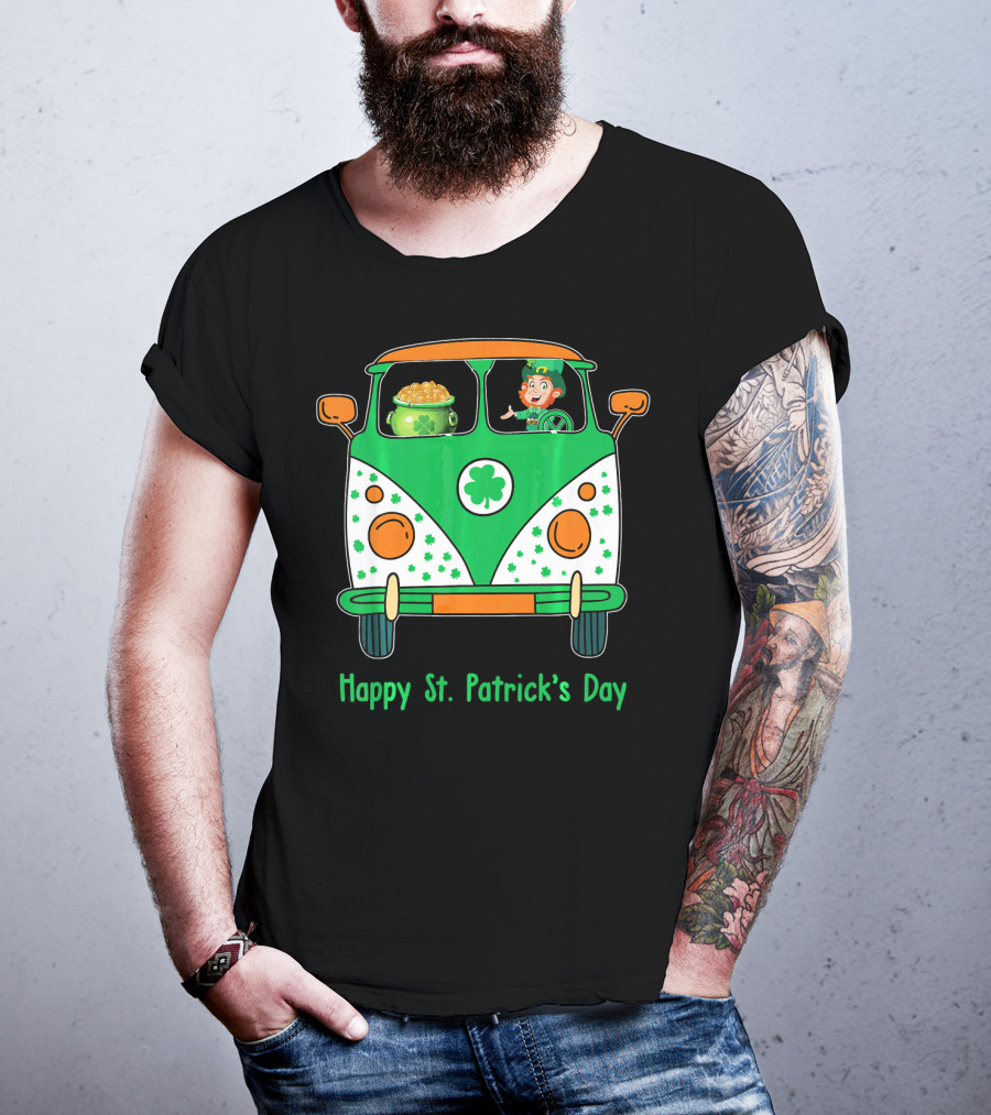 Happy St. Patrick's Day Leprechaun Gold Pot Hippie Car T-Shirt