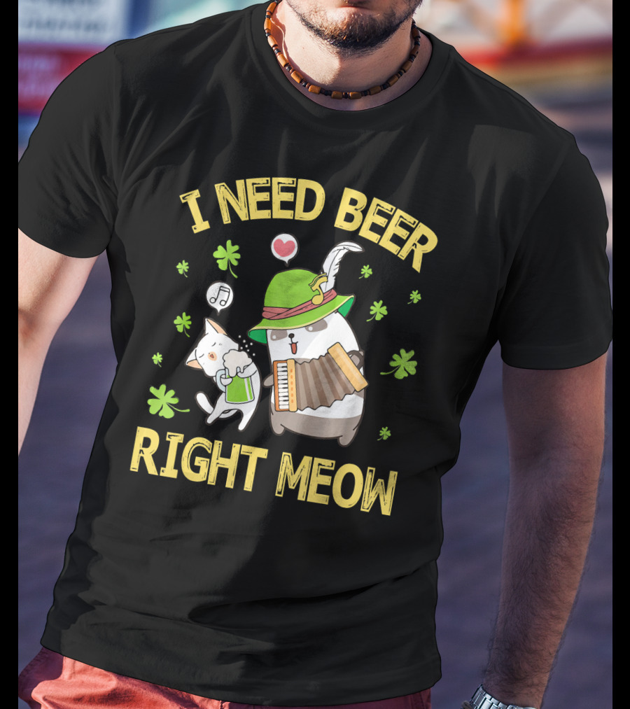 I Need Beer Right Meow Cat And Leprechaun Drinking And Dancing T-Shirt
