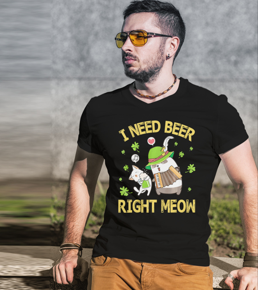 I Need Beer Right Meow Cat And Leprechaun Drinking And Dancing T-Shirt