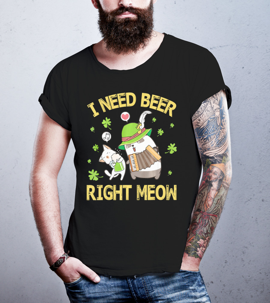 I Need Beer Right Meow Cat And Leprechaun Drinking And Dancing T-Shirt