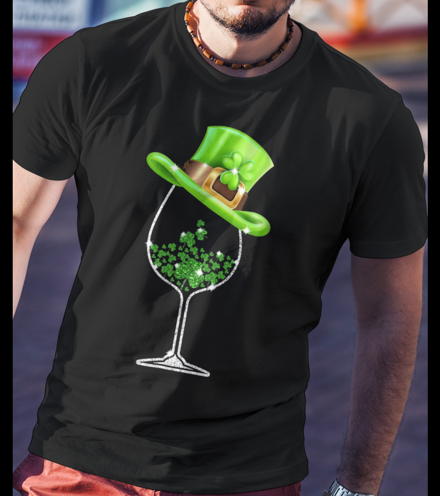 St Patricks Day Shamrock Wine Glass With Leprechaun Hat T-Shirt