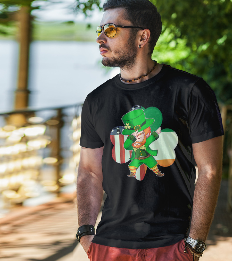 Funny Dabbing Leprechaun Shamrock American Irish Flag T-Shirt
