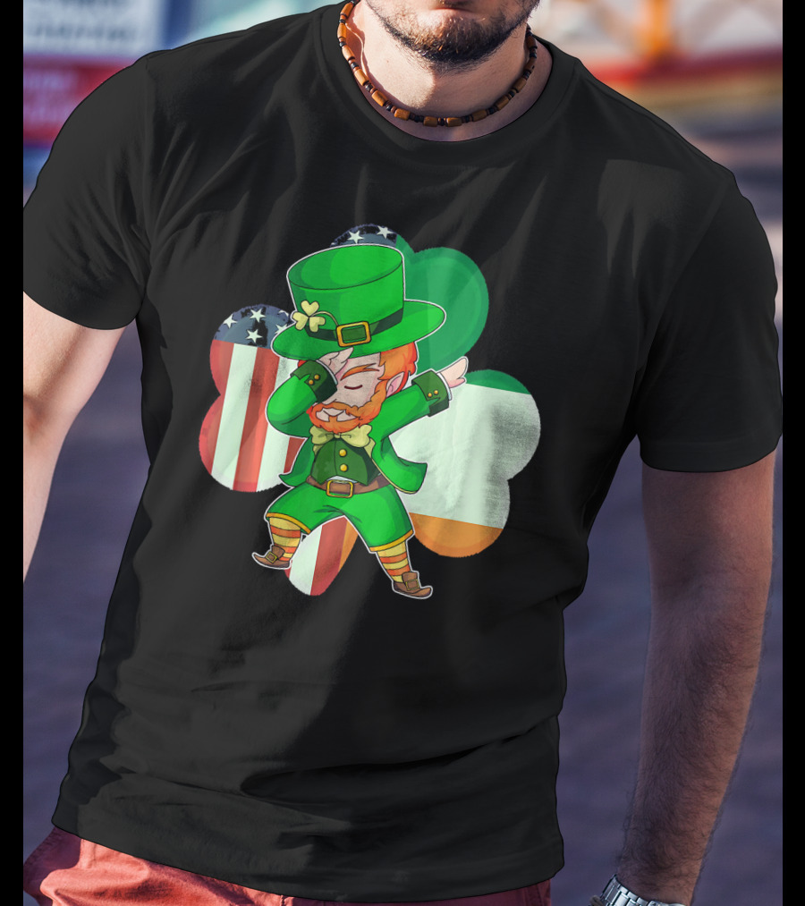 Funny Dabbing Leprechaun Shamrock American Irish Flag T-Shirt
