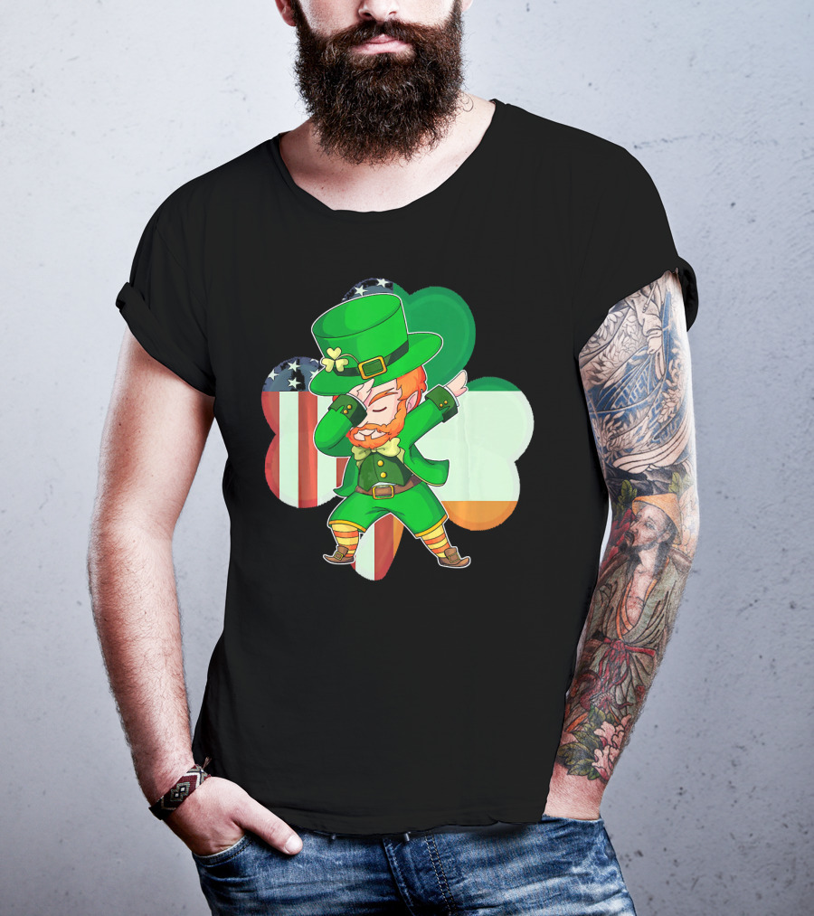 Funny Dabbing Leprechaun Shamrock American Irish Flag T-Shirt