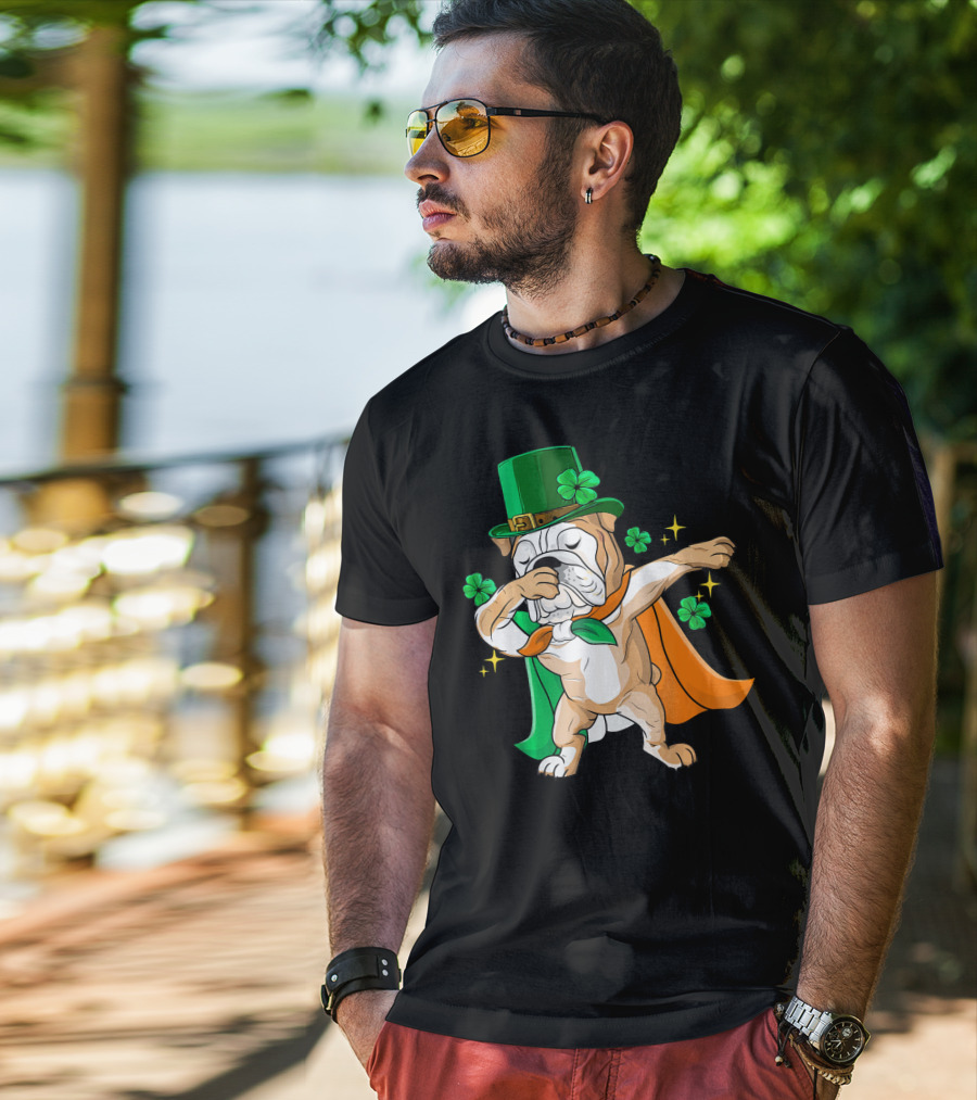 Irish Bulldog Dabbing Leprechaun With Shamrocks T-Shirt