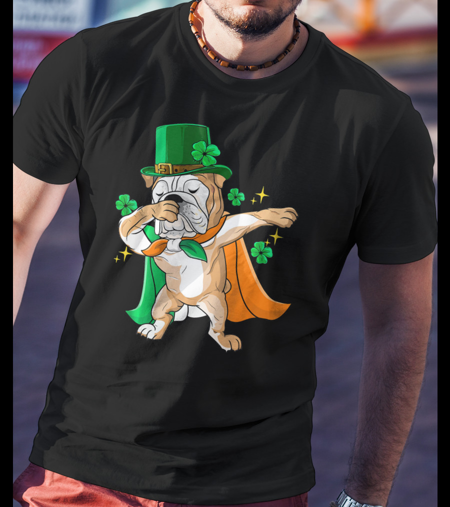 Irish Bulldog Dabbing Leprechaun With Shamrocks T-Shirt