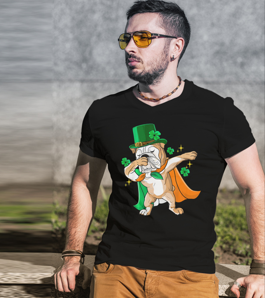 Irish Bulldog Dabbing Leprechaun With Shamrocks T-Shirt
