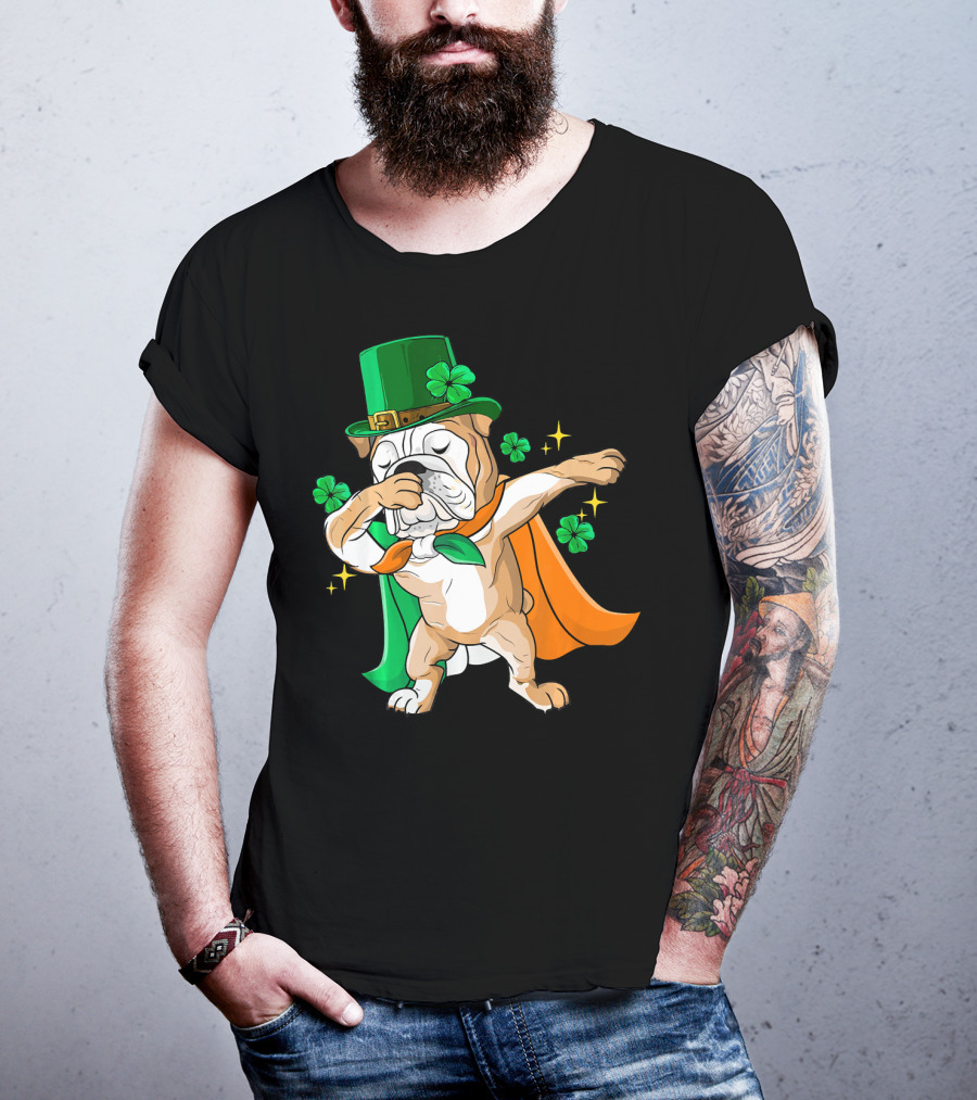 Irish Bulldog Dabbing Leprechaun With Shamrocks T-Shirt