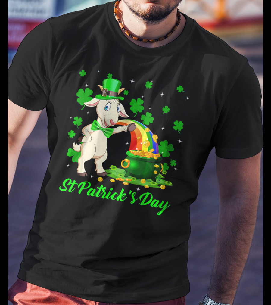 St Patrick's Day Leprechaun Goat Shamrock Rainbow Pot Of Gold T-Shirt