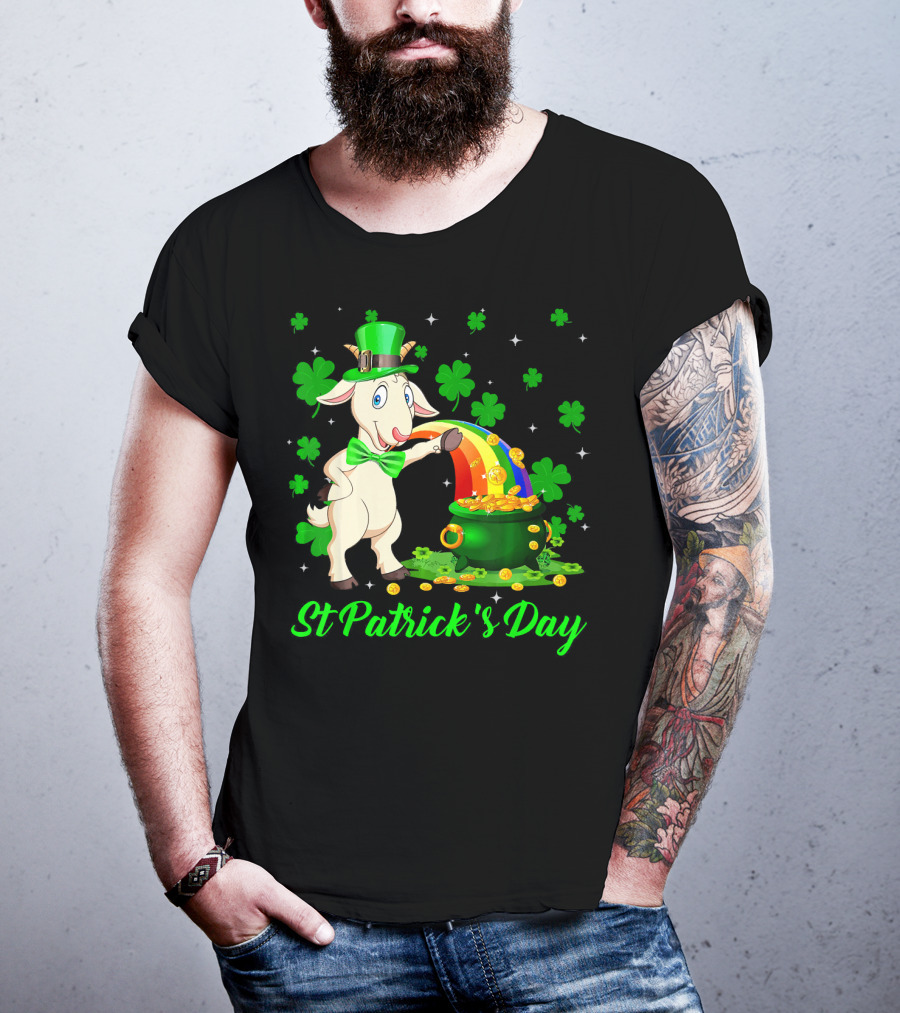 St Patrick's Day Leprechaun Goat Shamrock Rainbow Pot Of Gold T-Shirt