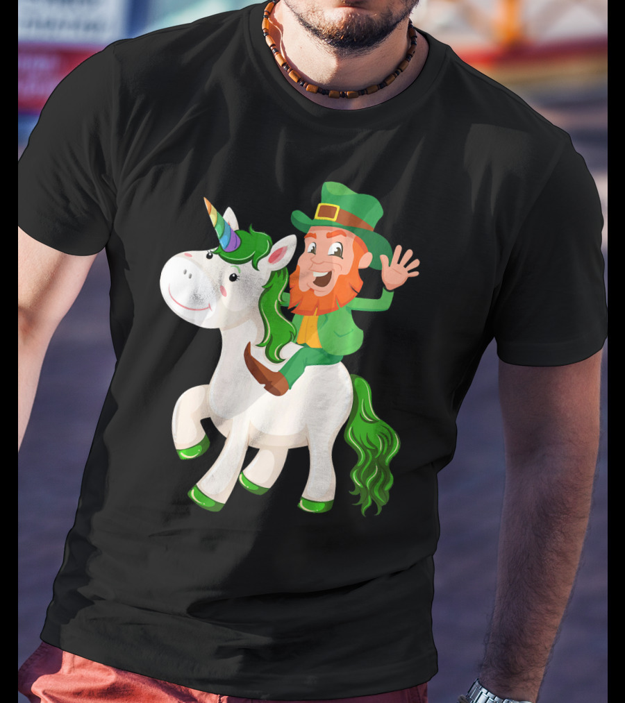 Unicorn Leprechaun Celebration Characters Green Hat And Red Beard Riding Playful Creature T-Shirt