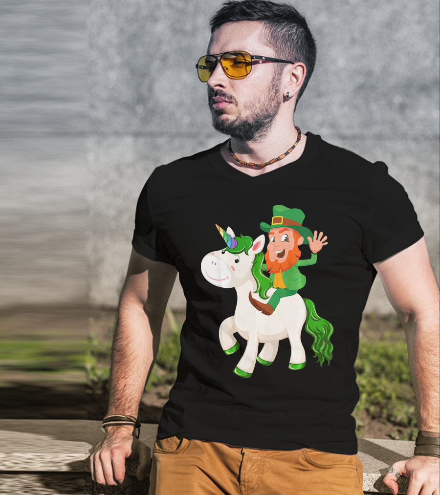 Unicorn Leprechaun Celebration Characters Green Hat And Red Beard Riding Playful Creature T-Shirt
